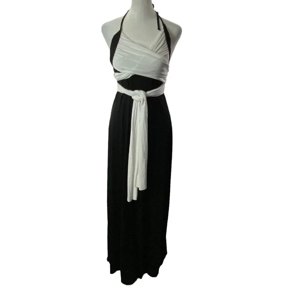 VENUS Women Maxi Dress Size L Black‎ White Halter Wrap Detail Unique 4-8